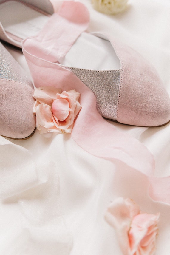Wedding Flats Pink Suede Flats With Silver Glitter Bridal Ballet