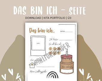 May include: A printable worksheet for kids to fill out about themselves. It includes sections for a photo, name, age, birthday, favorite color, and height. The worksheet is decorated with a birthday cake, a rainbow, and hearts.