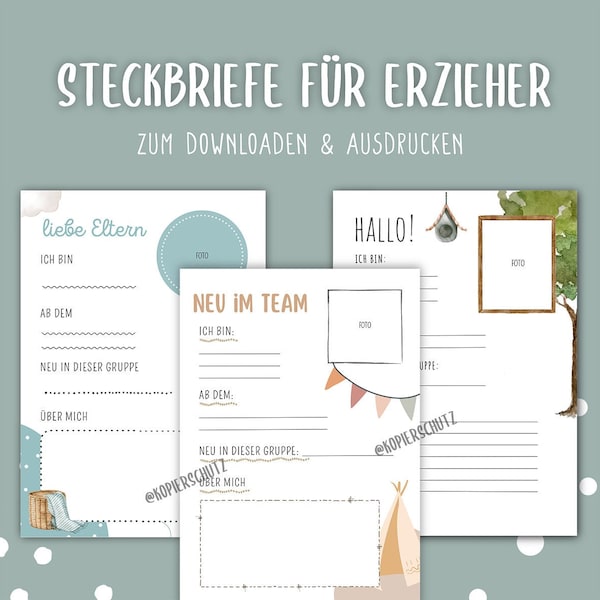 3 profiles & 2 farewell letter templates - for printing template A4 download print kindergarten daycare crèche educator PDF