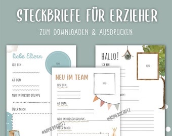 May include: Three printable teacher profile templates with space for a photo, name, and information about the teacher. The templates have a blue, green, and brown color scheme with illustrations of a basket, a tent, and a tree.