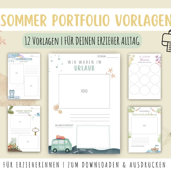 12 SOMMER Portfolio Vorlagen - Zum Ausdrucken Vorlage A4 Download Druck Kindergarten Kita Krippe Erzieher PDF