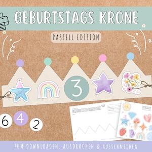 Pastellfärgade födelsedagskronor inklusive prickar, siffror och 15 klistermärken för förskola och dagis - Utskrivbar mall A4 Ladda ner för förskolelärare PDF