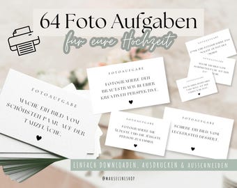 Könnte beinhalten: Ein Satz von 64 weißen Karten mit schwarzem Text, jede Karte hat eine andere Fotoaufgabe für eine Hochzeit. Der Text auf den Karten lautet "64 Foto Aufgaben fur eure Hochzeit".