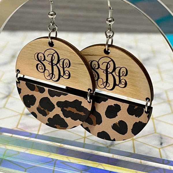 leopard dangle monogram earrings - monogram initial earrings - leopard - free shipping - dangle earrings - gift - custom -