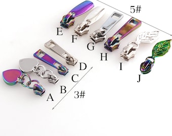Rainbow/Silver Head Zipper Slider Puller,Leaves/Heart Long Pull Zipper Heads,Loose zip slidders Sewing Handbag Hardware Bag Supply-3#/5#