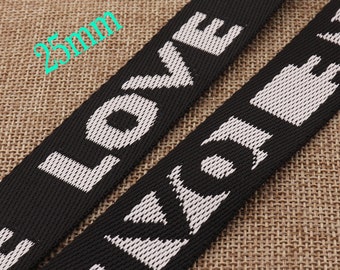 Smooth Black Webbing,1 inch webbing,Silver Letters"LOVE"Ribbon,Belts Bag,Handle Bag,Purse Straps,nylon webbing,webbing purse strap(WB628)