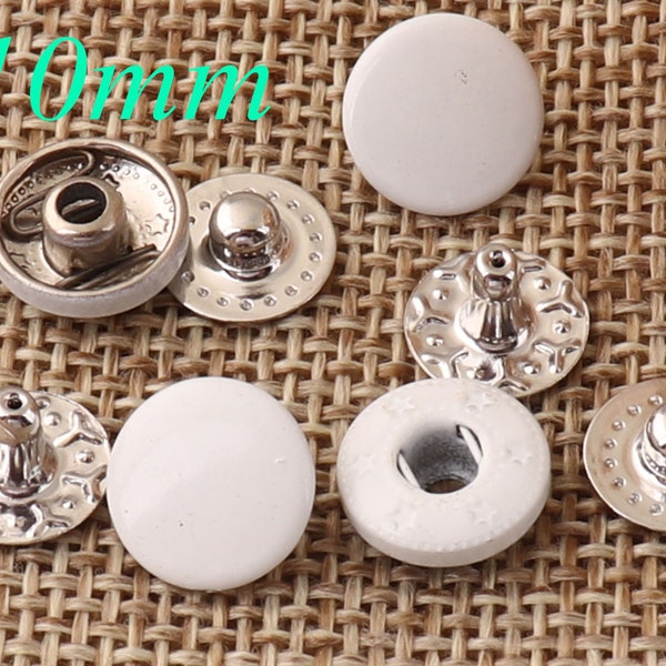 Lot de 40 boutons pression blancs, boutons carrés ronds de 10 mm, boutons pression en métal plaqué boutons pression (bt01).