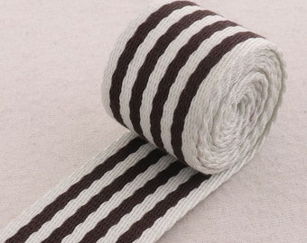 1 1/2"(38mm),White Brown Striped Soft Cotton Webbing Ribbon Heavy Weight Bag Purse Straps Totes Belts Tape Bag Handle(WB263)