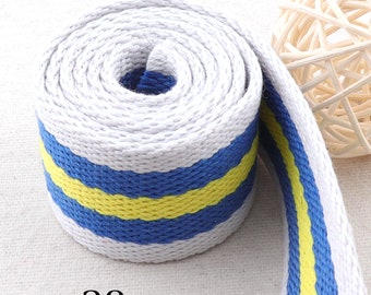 38mm Webbing White Blue Yellow Striped Webbing Twill Cotton Webbing Ribbon Heavy Weight Webbing Belt Strap Bag Handle Webbing nylon webbing