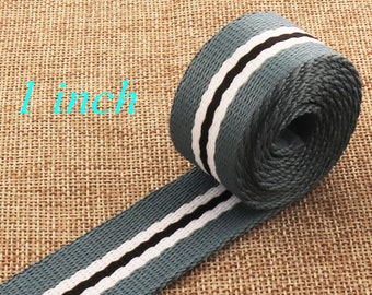 May include: A roll of 1 inch wide gray webbing with white and black stripes. The webbing is rolled up and the end is visible.