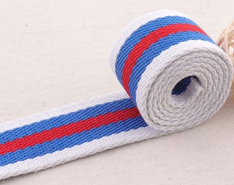1 1/2 "(38 mm), correas/cinta de algodón de sarga a rayas blancas, azules y rojas, bolsa de peso pesado, correas de bolso, bolsos, cinturones, correa, cinta, manija de bolsa (WB209)