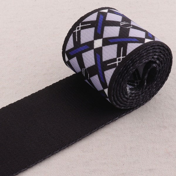 webbing strap Ethnic Webbing 2"(50mm)Blue Webbing Black plaid Pattern Purse Bag Handbag Dog Collar Hat Bag Belt Woven Belt Straw Trim(WB264)