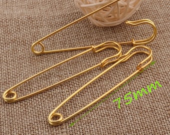 10 Safety Pins 3"(75mm),Gold Plated Safety Pin Brooch Stitch Markers Metal Safety Pins Loops Charms Jewelry Tag Fasteners Coil(sp9009)