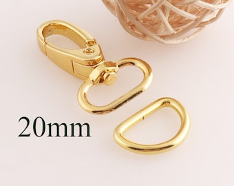 10 sets Lobster Swivel Clasps D-ringen, 20mm Gold Purse Clasp diy portemonnee clip connector sluitingen, tas vinden, portemonnee d-ringen Handtas Hardware