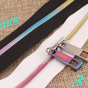5 YARDS-5 PCS Rainbow Nylon Coil Zippers with Silver/Rainbow Zipper Slider,White Edge Colorful Nylon,Great for Purse Bag Dress-#3-4 mm