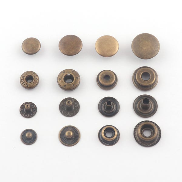 Botones a presión de metal de 1 cm/1,2 cm/1,5 cm, cierre artesanal de cuero de bronce antiguo para bolsos, chaquetas vaqueras, abrigos, bolsos y zapatos (paquete de 10)