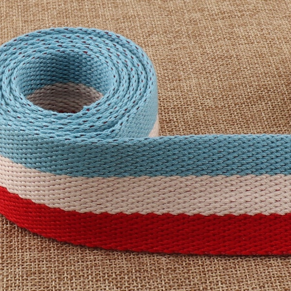 Blue White Red Twill Striped Cotton Soft Webbing,Tote Straps Belt Key Fob Lanyard Webbing,Bag Purse Webbing Leash Supplies-38mm(WB970)