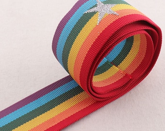 Webbing 2"(50mm)Rainbow Stripe Thick Hard Webbing with Silver Stars Pattern Purse Bag Handbag Bag Belt Woven Belt By the yard(WB0203)