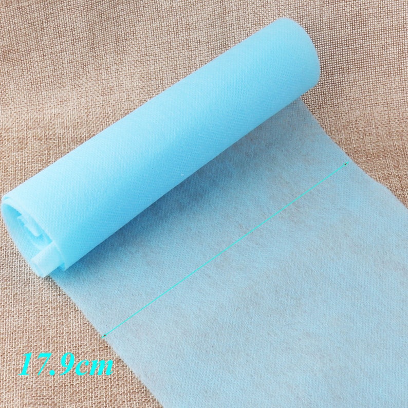 May include: A roll of light blue non-woven fabric, 17.9 inches wide. The fabric is rolled up and partially unrolled, showing the texture of the material.