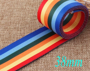 38mm Webbing Strap Rainbow Smooth Stripe Soft Webbing Purse Bag Handbag Dog Collar Hat Bag Belt Woven Belt By the yard 1 1/2" (WB0128)