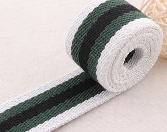 WEBBING,1 1/2"(38mm),White Green Black Striped Twill Cotton Webbing Ribbon Heavy Weight Totes Belts Strap Tape Bag Handle(WB226)