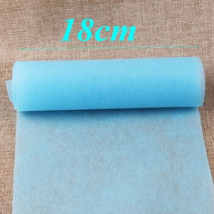 May include: A roll of light blue non-woven fabric, 18 inches wide. The fabric is rolled up and the end is unfurled, showing the texture of the material.