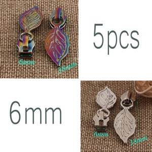 5 Rainbow/Silver Head Zipper Slider Puller,6mm Leaf Shape Long Pull Zipper Heads,Loose Sliders Pulls,Zipper Slider,Handbag Hardware
