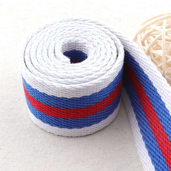 1 1/2" 38mm Webbing White Blue Red Striped Webbing Twill Cotton Webbing Ribbon Heavy Weight Bag Purse Straps Belts Bag Handle nylon webbing