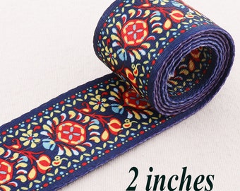 2" Ethnic Webbing,Soft Smooth Navy Blue Webbing Red Yellow Little Flower,Purse Bag Handbag Dog Collar Hat Bag Belt Woven Belt Trim-50mm(257