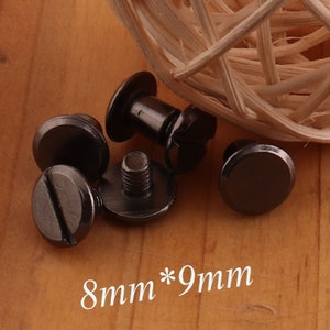 Puede incluir: Cinco remaches de tornillo de metal negro de 8 mm por 9 mm. Los remaches tienen una cabeza plana y un vástago roscado.