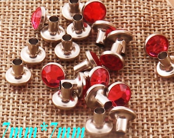 100 remaches de cristal, remaches de diamantes de imitación de remache rápido rojo rosa, tachuelas redondas con cúpula, remaches artesanales de cuero, broches de presión, tachuelas de 7 mm (ZD825)