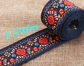 Ethnic Webbing1.5"(38mm)Soft Smooth Navy Blue Webbing Red Yellow Flower Pattern Purse Bag Handbag Dog Collar Hat Bag Belt Woven(WB615)