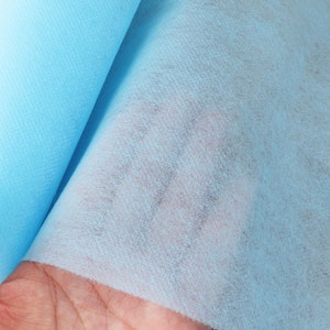 May include: A roll of light blue non-woven fabric. The fabric is soft and has a textured surface.