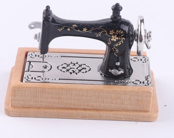 Black Silver Mini sewing machine with Wooden base,Dollhouse miniatures ,Dollhouse decoration,artisan Photography,Gift for her