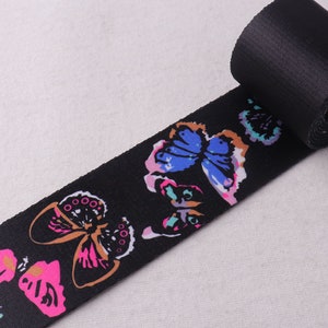 Webbing-2&quot;(50mm)-Black Soft Webbing with Butterfly Pattern Purse Bag Handbag Dog Collar Hat Bag Belt Woven By the yard(WB0124)