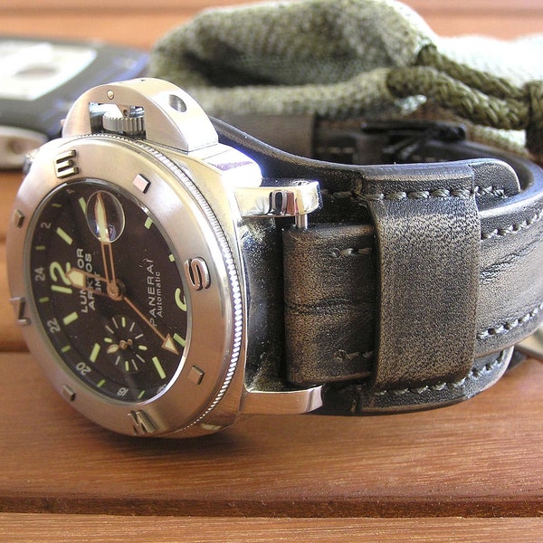 Watch band strap 20mm leather.  Watch bund band, black, handmade, vintage style. Watch bund strap. Watch strap for Panerai. Best friend gift