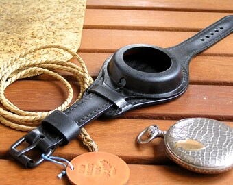 Handmade Black Leather Pocket Watch Strap: Military Style, 48-54mm