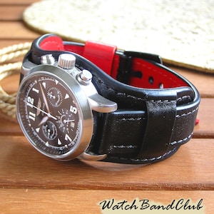 Watch strap 20mm leather black. Mens watch bund band. Leather watch strap. Cuff watch bracelet. Handmade wristwatch strap. Gift for him.