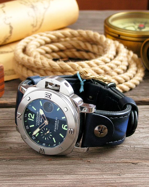22mm Blue Leather Watch Strap, Military Aviator Style