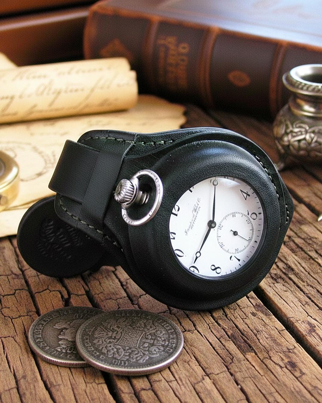 懐中時計バンド個性WW1代用 Pocket Watch Strap明治大正日本軍 Handmade Black Leather Pocket Watch Strap: Military Style, 48-54mm