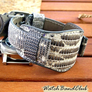 Leather watch strap cuff watch band. Lizard white luxury watch bund 22mm. Handmade wrist watch strap. Gift for him, mens gift, friend gift.