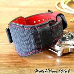 Watch bund band 22mm canvas black red. Watch strap. Leather watch band. Handmade bund wristwatch band vintage style. Cuff watch bracelet.