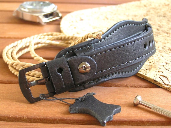 Watch strap 18mm leather black. Wristwatch band handmade vintage style. Mens watch cuff bund band. Military watch strap. Best gift for man