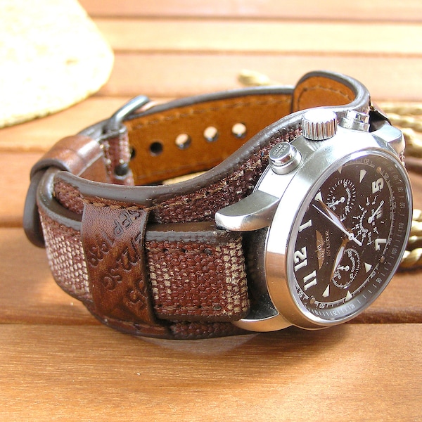 Watch strap 22mm. Canvas leather wristwatch strap. Brown men watch strap.  Military wriststrap . Wide watch bund band. Cuff wristband.