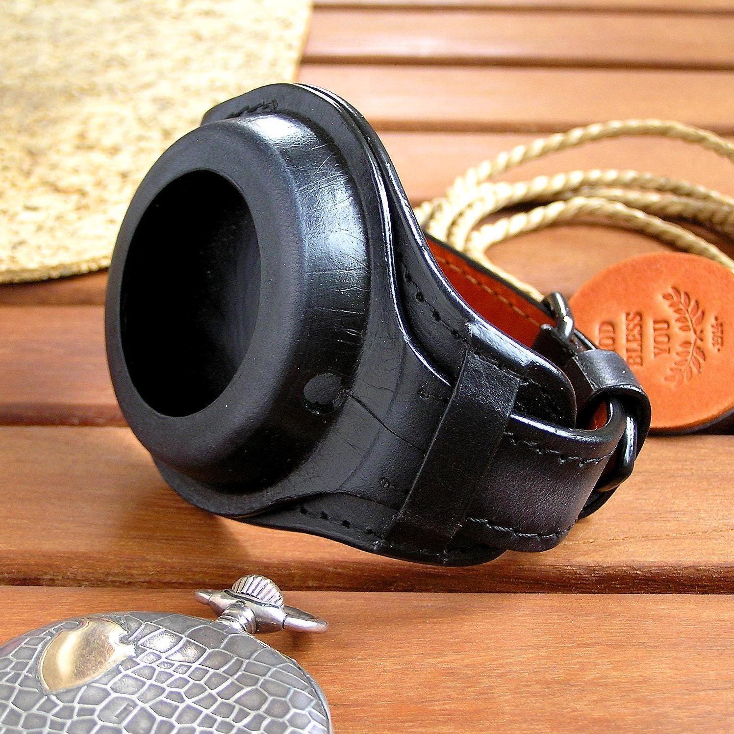 Handmade Black Leather Pocket Watch Strap: Military Style, 48-54mm