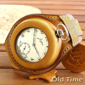 Leather watch strap for pocket watch 48-54mm vintage style. Yellow pocket watch band. Pocket cuff watch bracelet holder WW1. Handmade gift.