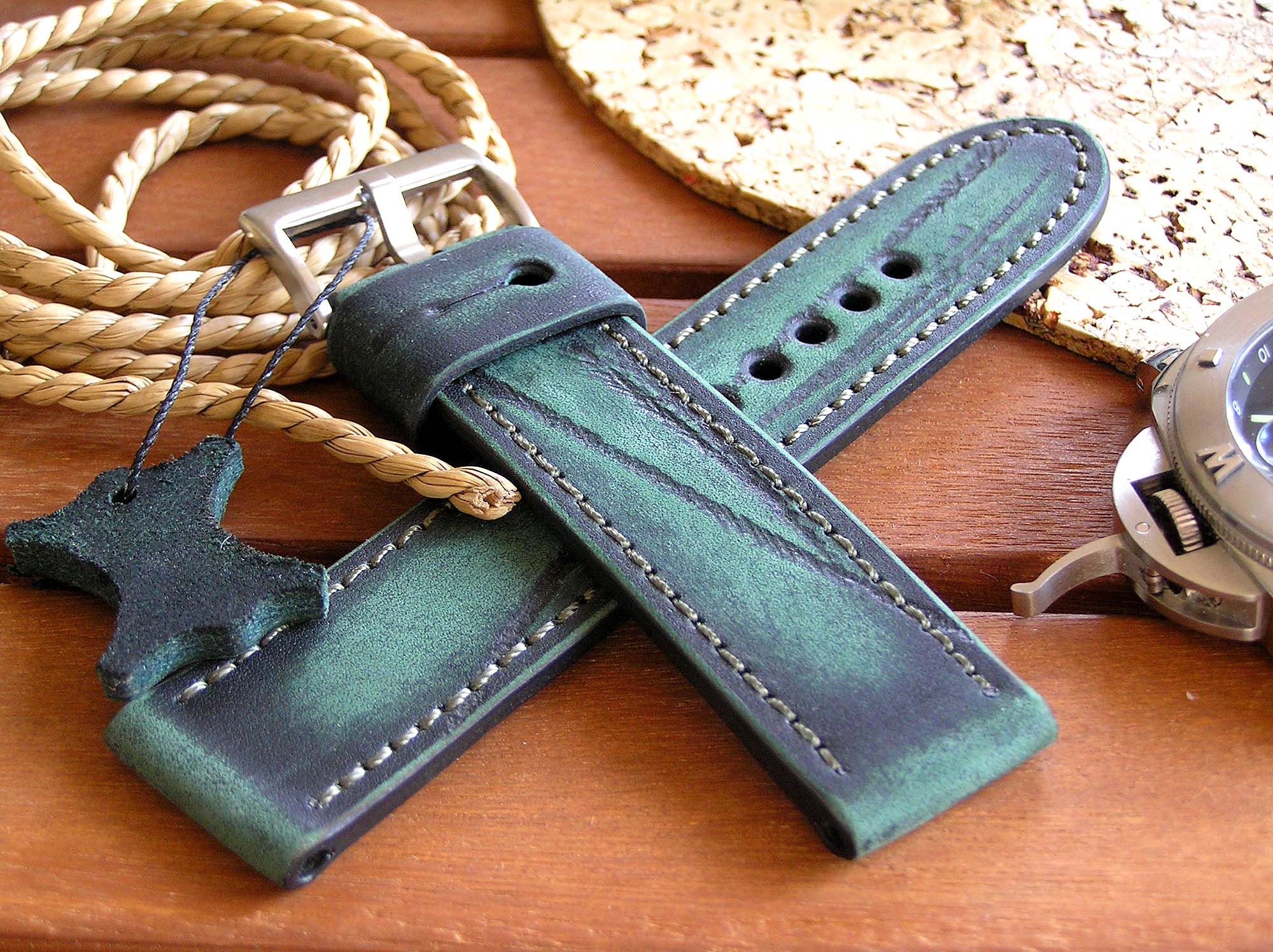 24mm green leather watch strap. Genuine leather watch band. Etsy