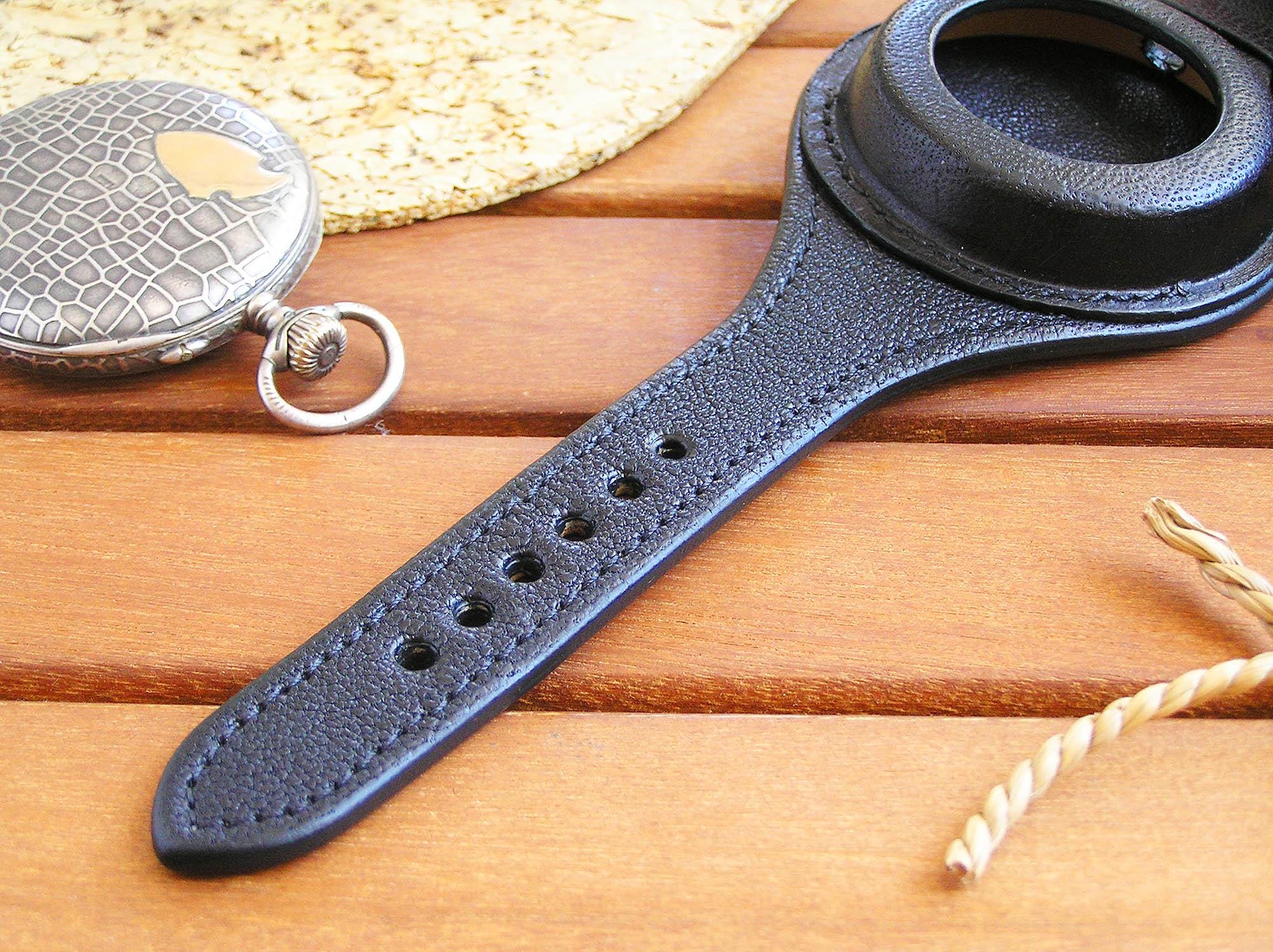 Handmade Black Leather Pocket Watch Strap: Military Style, 48-54mm