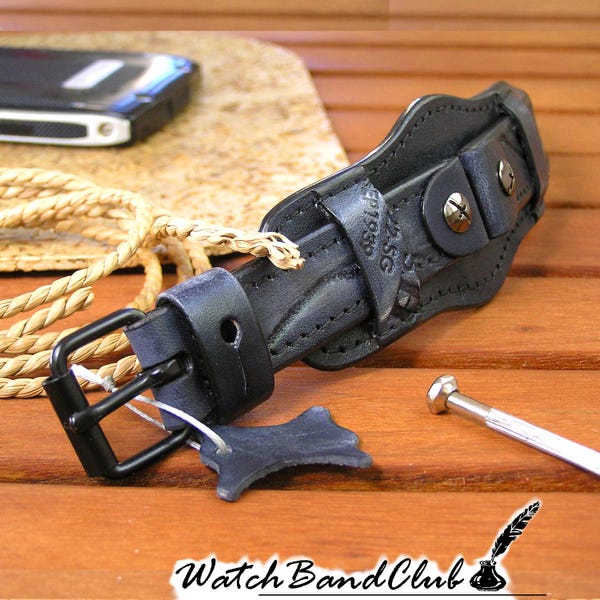 Correa de reloj de cuero negro hecha a mano, estilo militar vintage, 20 mm