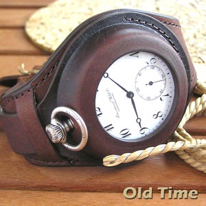 Leather watch strap for pocket watch 48-54mm vintage style. Brown pocket watch band. Pocket cuff watch bracelet holder WW1. Gift for grandpa